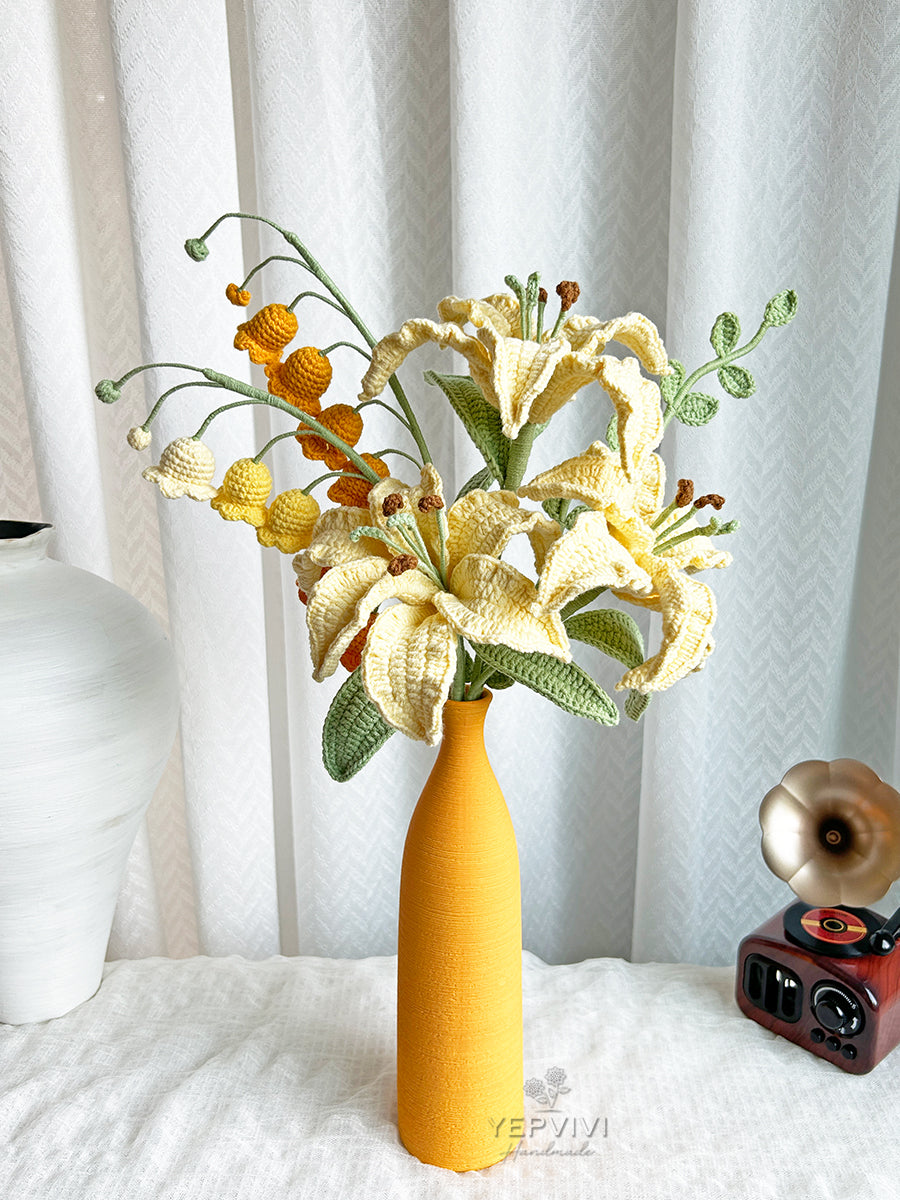 Finished crochet lily bouquet home decor. 3 Lilies, 2 lily of valley, 1 leaf. desk decor. (no vase)