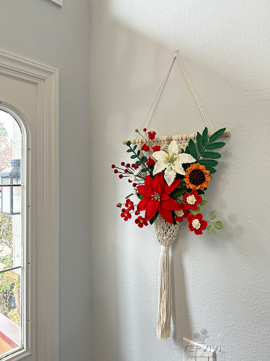 Forever Christmas Poinsettia wall hanging. Finished crochet Poinsettia, lily, rose, daisy.