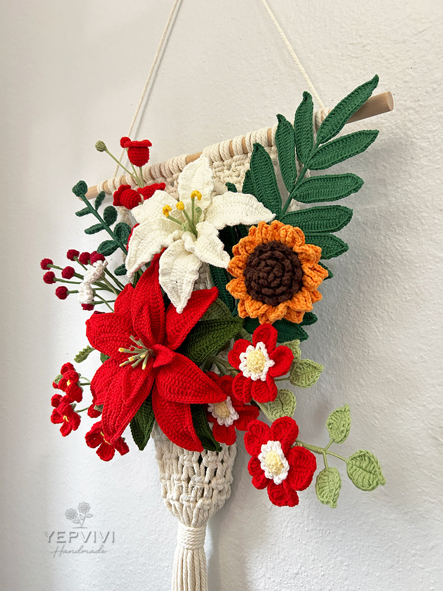 Forever Christmas Poinsettia wall hanging. Finished crochet Poinsettia, lily, rose, daisy.