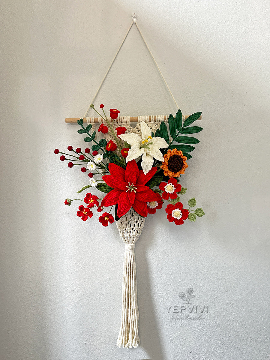 Forever Christmas Poinsettia wall hanging. Finished crochet Poinsettia, lily, rose, daisy.