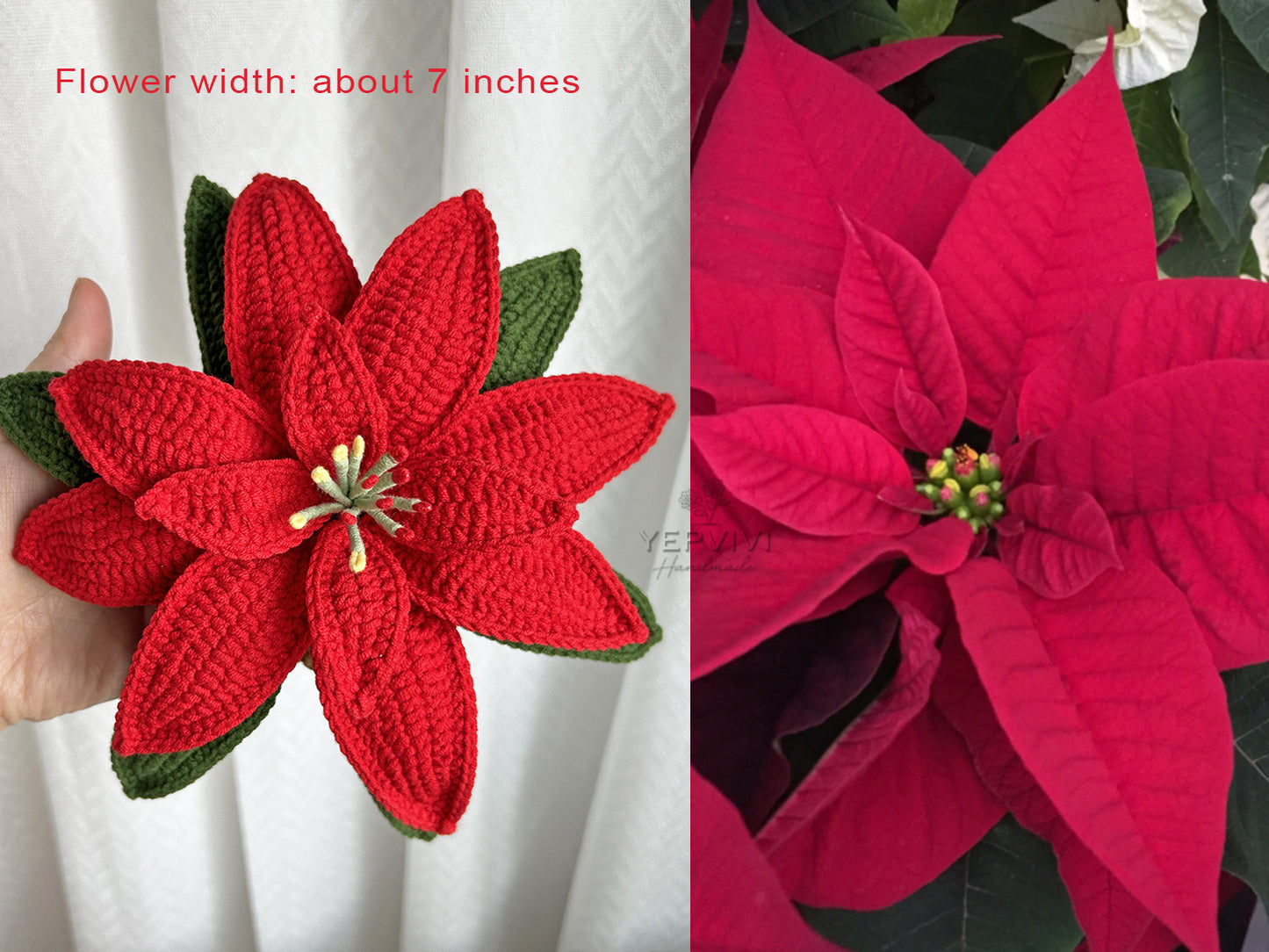 Finished crochet Poinsettia for vase or in pot. Christmas decor for home/desk. Handmade flower gift for her.