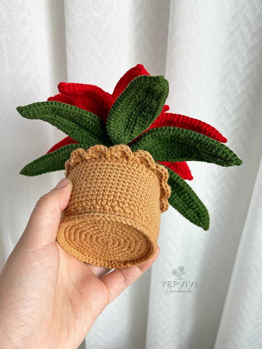 Finished crochet Poinsettia for vase or in pot. Christmas decor for home/desk. Handmade flower gift for her.