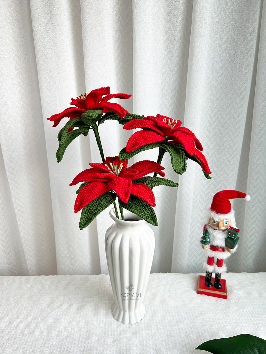 Finished crochet Poinsettia for vase or in pot. Christmas decor for home/desk. Handmade flower gift for her.