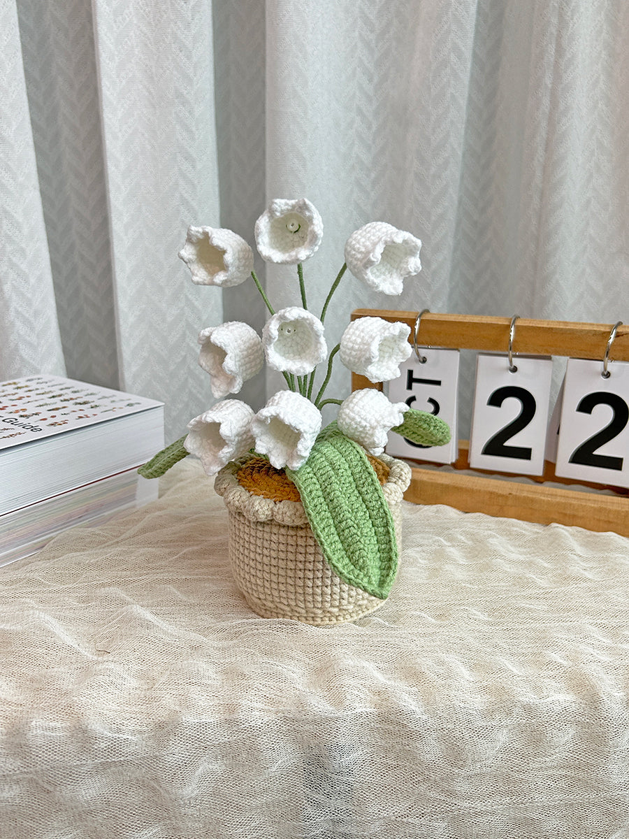 Forever crochet Lily of the Valley in pot. High quality yarn flowers. Unique handmade gift for her.