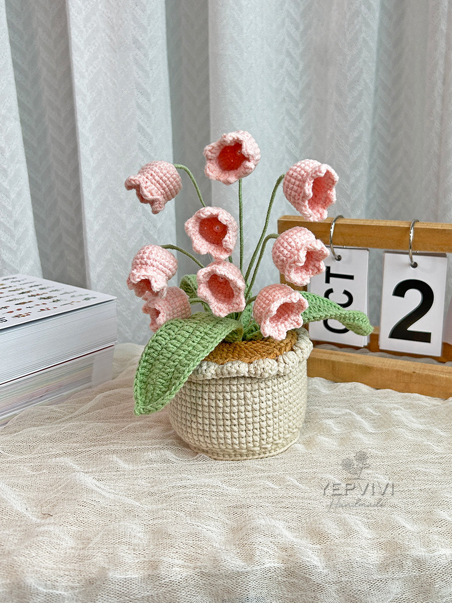 Forever crochet Lily of the Valley in pot. High quality yarn flowers. Unique handmade gift for her.