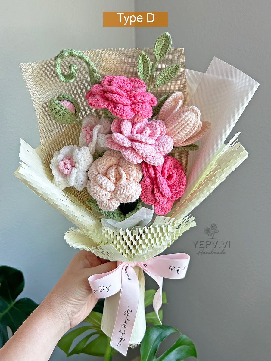 Finished crochet pink rose, tulip and mixed flowers bouquet. Unique handmade gift.