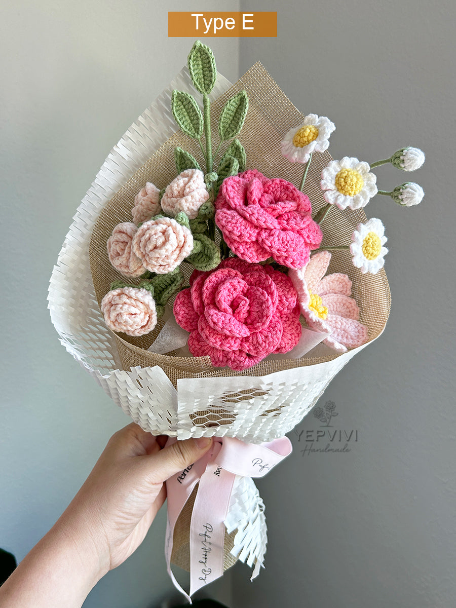 Finished crochet pink rose, tulip and mixed flowers bouquet. Unique handmade gift.