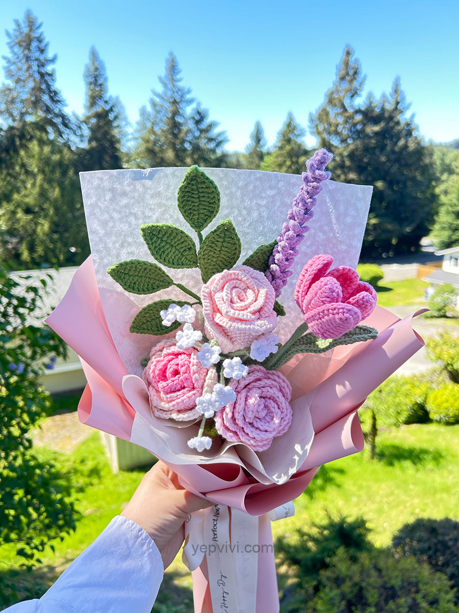 Finished Crochet Bouquet | Crochet rose, tulip, lavender | Gift for mother, teacher, friends