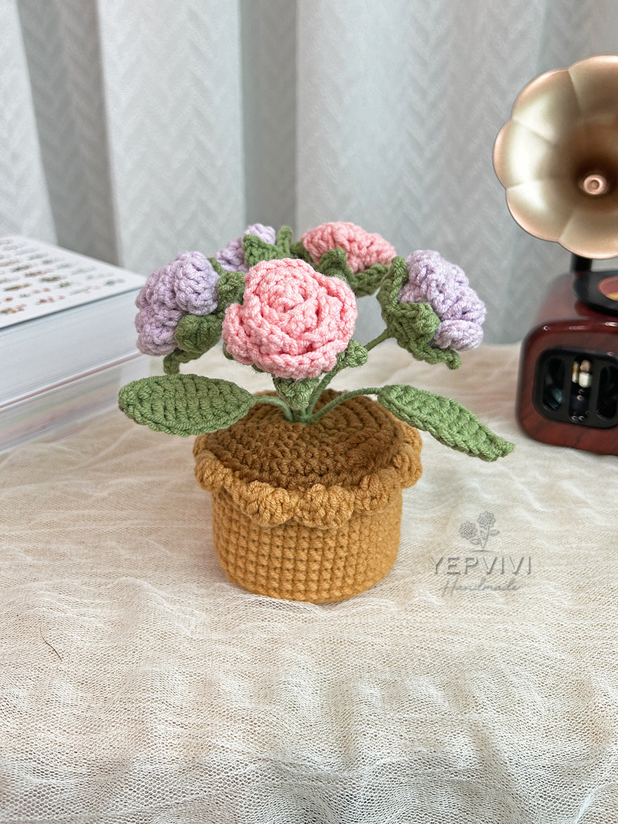 Finished stunning crochet rose in pot. Unique handmade gift for women.