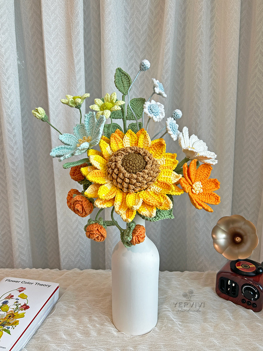 Crochet Sunflowers Bouquet | pink/purple/blue Flower Bouquet, Handmade flowers, Home Decor