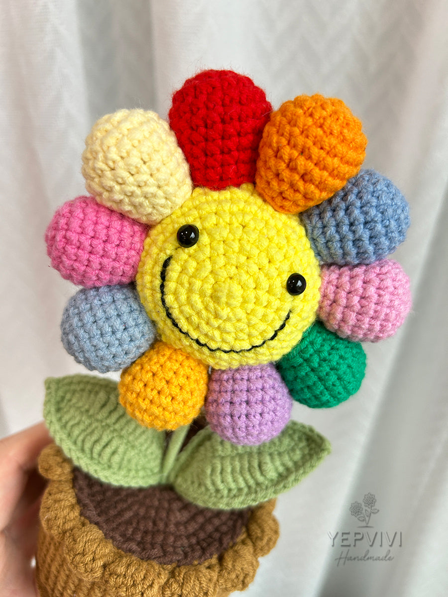 Finished crochet rainbow sunflower with smile face in pot. desk/home decor Unique handmade gift.