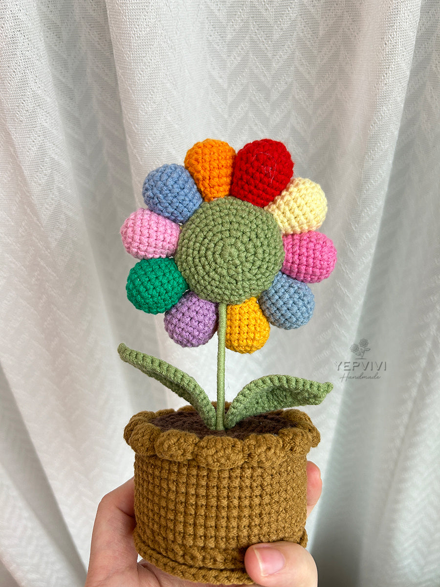 Finished crochet rainbow sunflower with smile face in pot. desk/home decor Unique handmade gift.