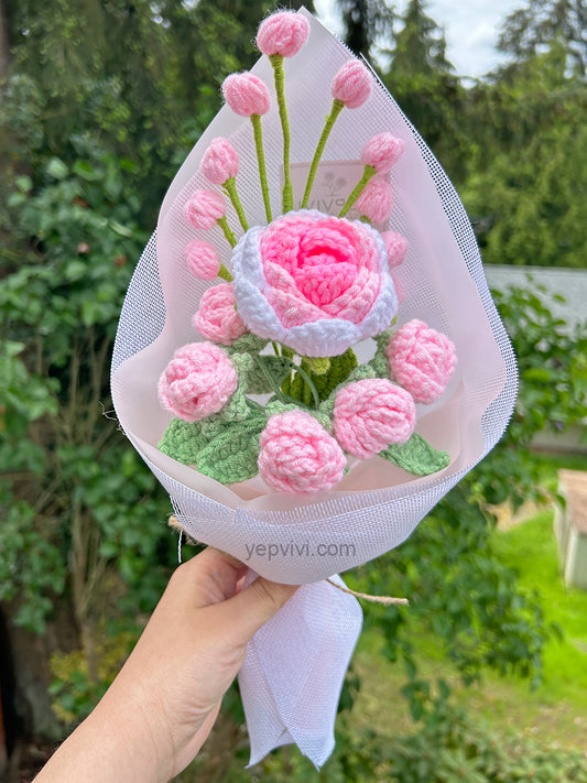 Finished Crochet Bouquet | rose, small fruit branch | Gift for mother, teacher, friends