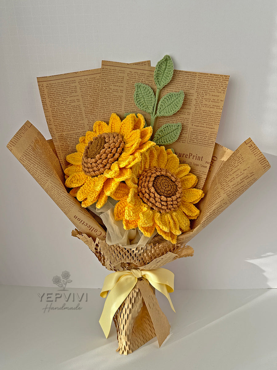 Finished crochet sunflower bouquet. Unique handmade gift for everyone.