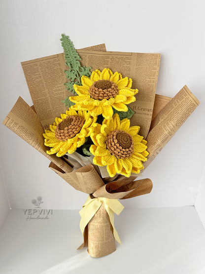 Finished crochet sunflower bouquet. Unique handmade gift for everyone.