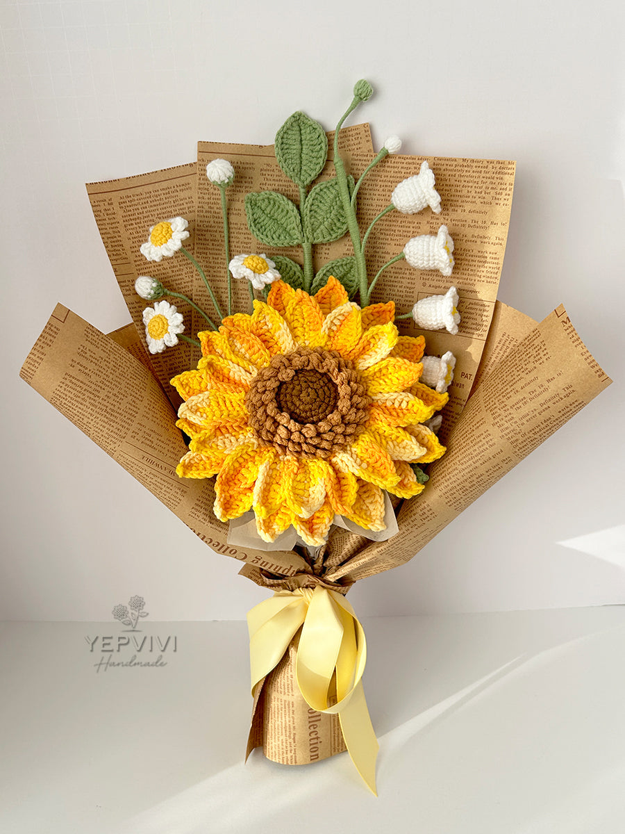 Finished Crochet sunflower Bouquet | sunflower, daisy, lily of the valley, leaf | Gift for mother, teacher, friends