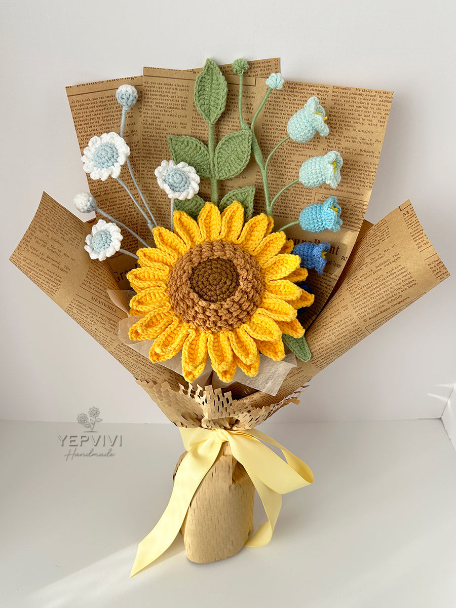 Finished Crochet sunflower Bouquet | sunflower, daisy, lily of the valley, leaf | Gift for mother, teacher, friends