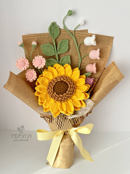 Finished Crochet sunflower Bouquet | sunflower, daisy, lily of the valley, leaf | Gift for mother, teacher, friends