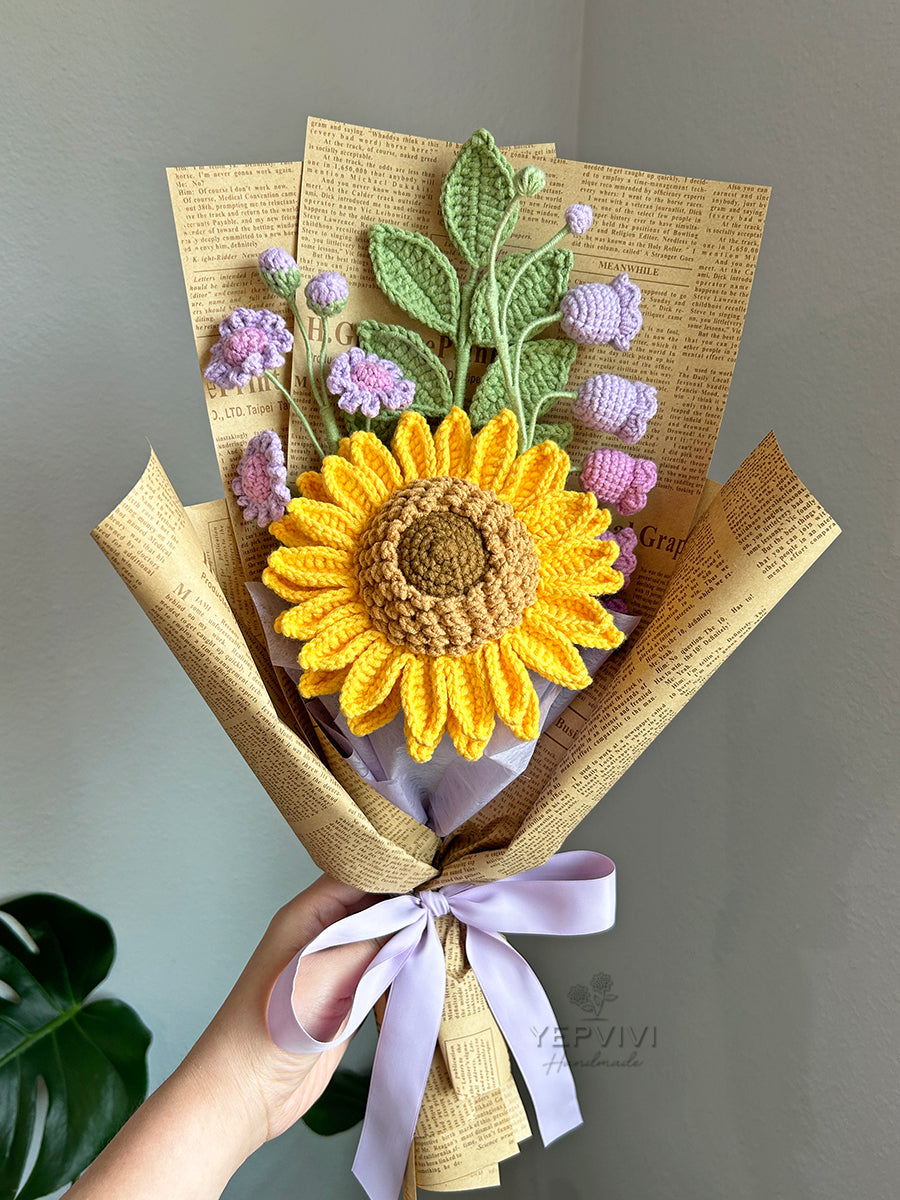 Finished crochet sunflower with Purple flowers bouquet. Unique handmade gift.