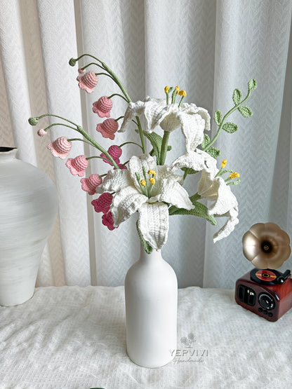 Finished crochet lily bouquet home decor. 3 Lilies, 2 lily of valley, 1 leaf. desk decor. (no vase)