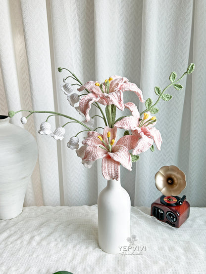 Finished crochet lily bouquet home decor. 3 Lilies, 2 lily of valley, 1 leaf. desk decor. (no vase)