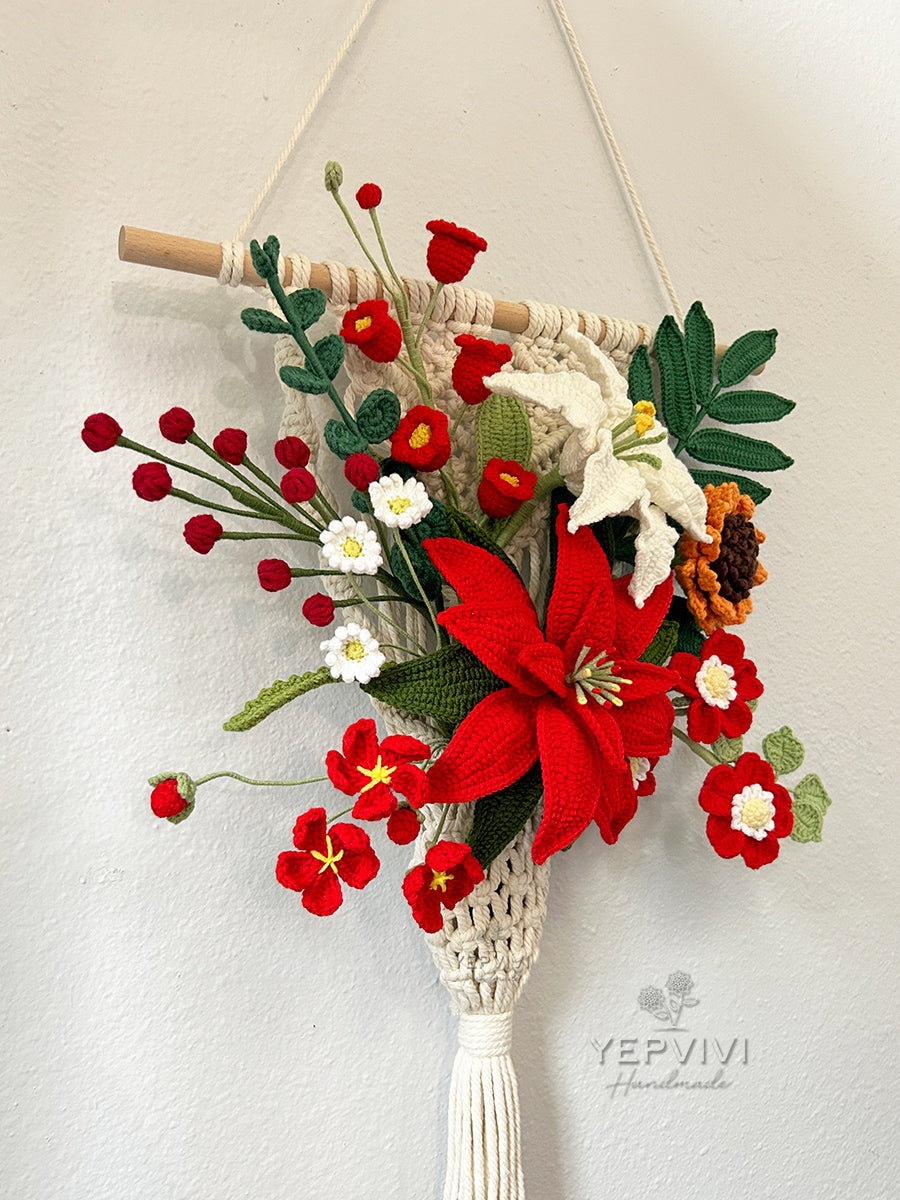 Forever Christmas Poinsettia wall hanging. Finished crochet Poinsettia, lily, rose, daisy.