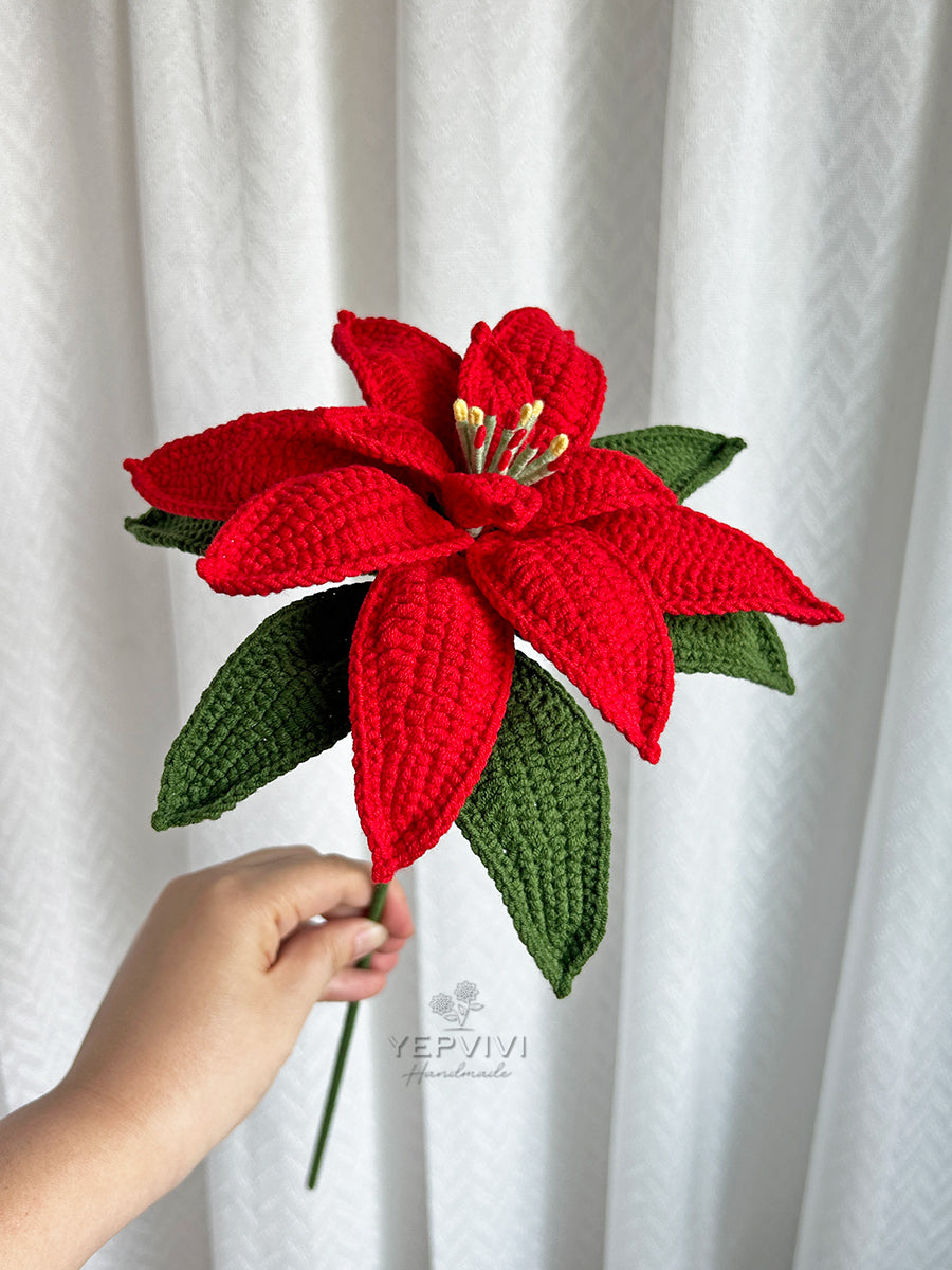 Finished crochet Poinsettia for vase or in pot. Christmas decor for home/desk. Handmade flower gift for her.