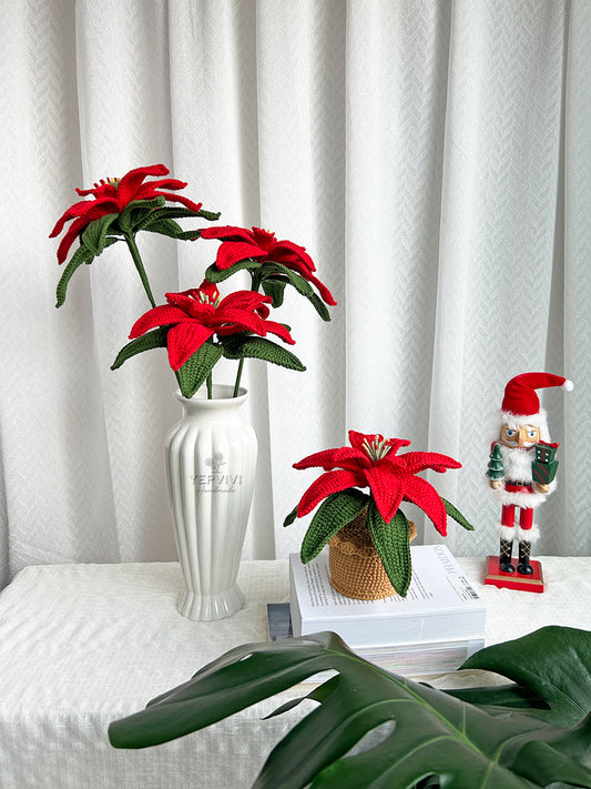 Finished crochet Poinsettia for vase or in pot. Christmas decor for home/desk. Handmade flower gift for her.