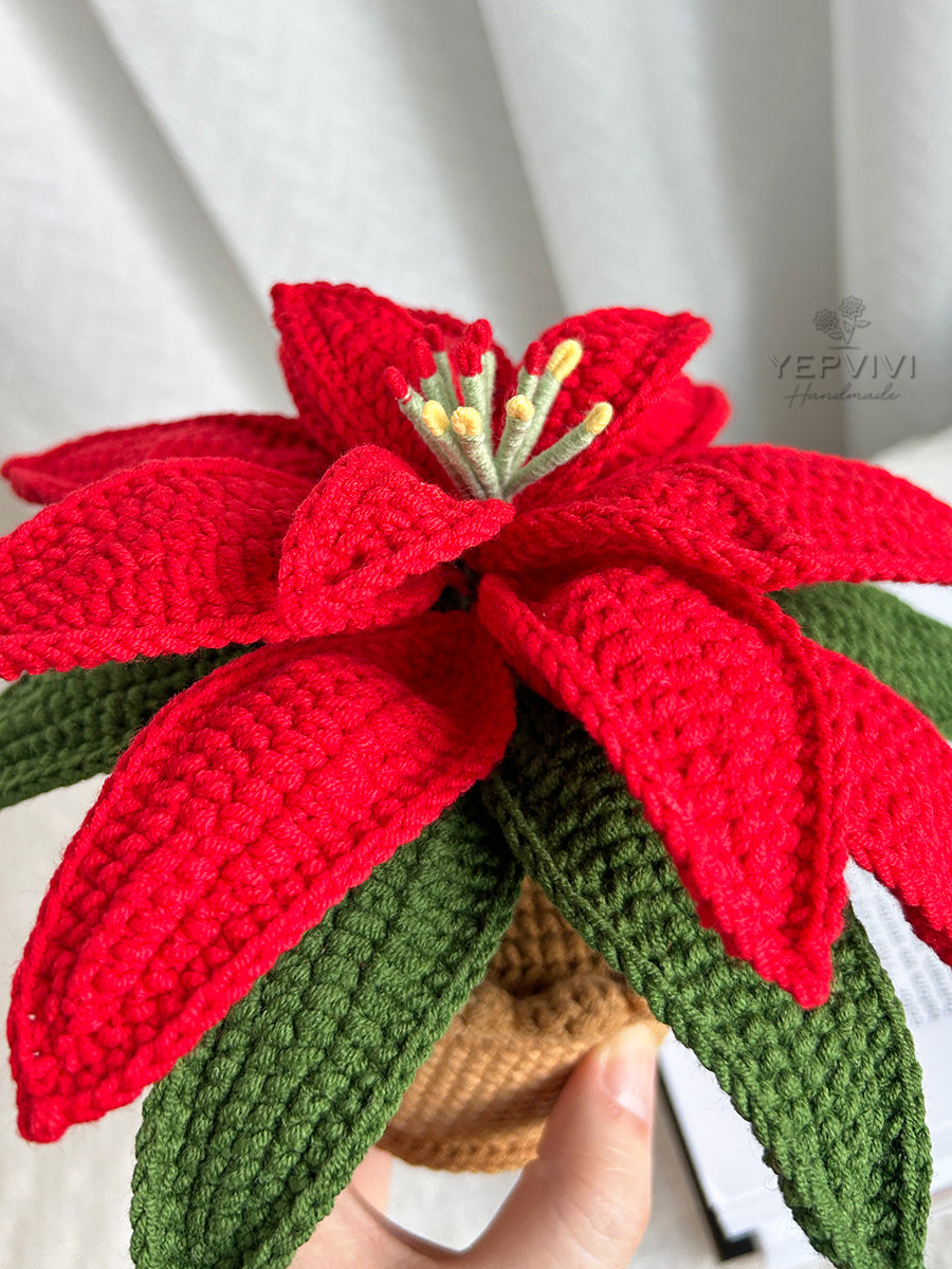 Finished crochet Poinsettia for vase or in pot. Christmas decor for home/desk. Handmade flower gift for her.