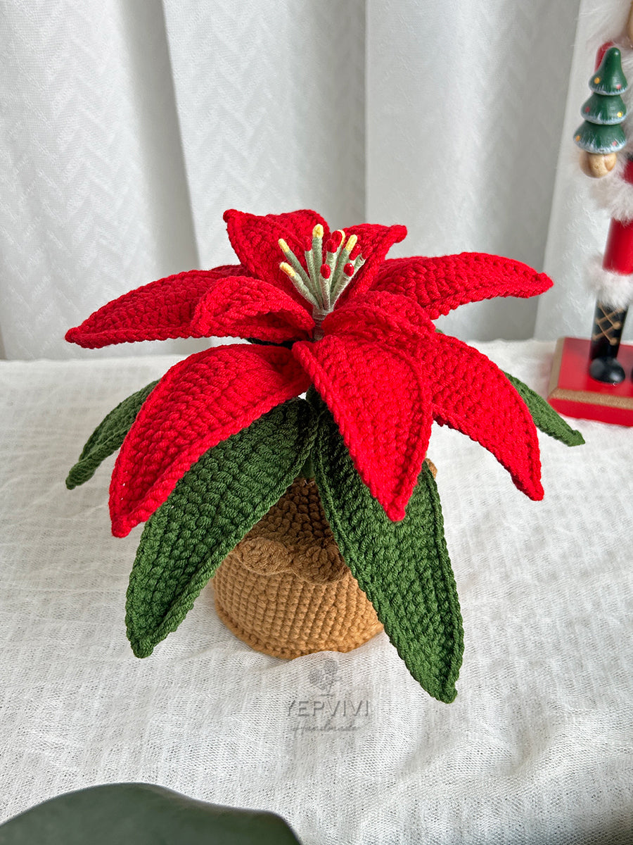 Finished crochet Poinsettia for vase or in pot. Christmas decor for home/desk. Handmade flower gift for her.