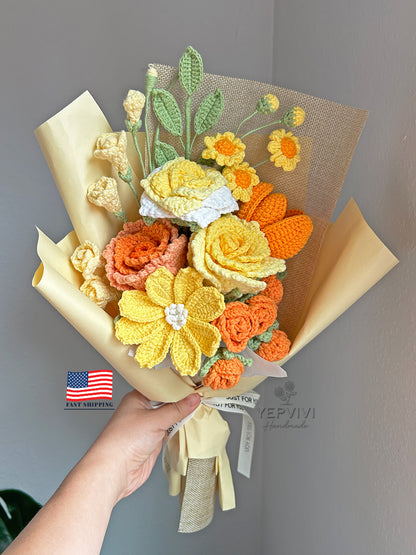 Orange, yellow flowers bouquet. Finished crochet roses bouquet. Beautifully wrapped gift for her.