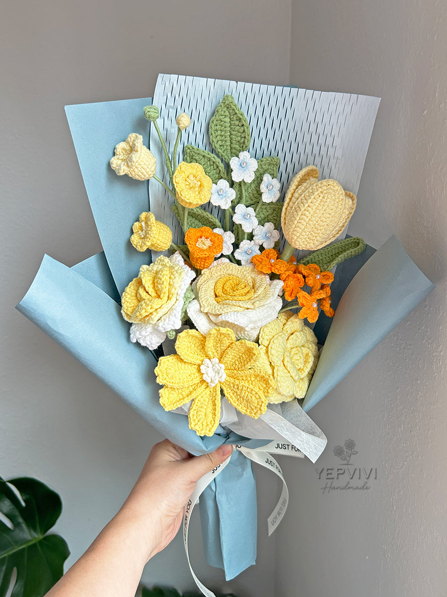 Orange, yellow flowers bouquet. Finished crochet roses bouquet. Beautifully wrapped gift for her.