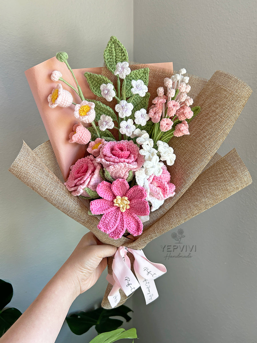 Pink, purple, blue, yellow bouquet. Finished crochet roses bouquet. Unique handmade gift .