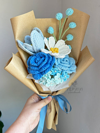 Finished crochet Blue flower bouquet. Beautifully wrapped gift. Unique handmade gift.