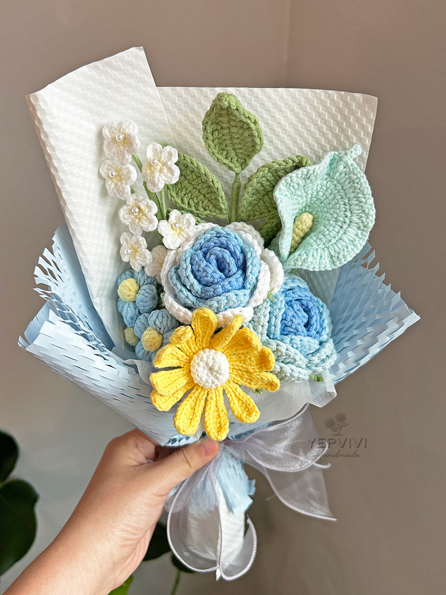 Finished crochet Blue flower bouquet. Beautifully wrapped gift. Unique handmade gift.