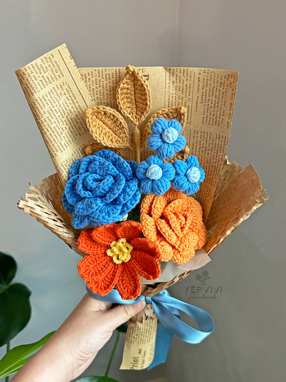 Finished crochet orange & blue flower bouquet. Unique handmade gift.