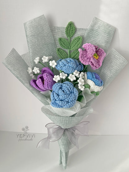 Finished crochet  blue rose bouquet. Unique handmade gift for women.