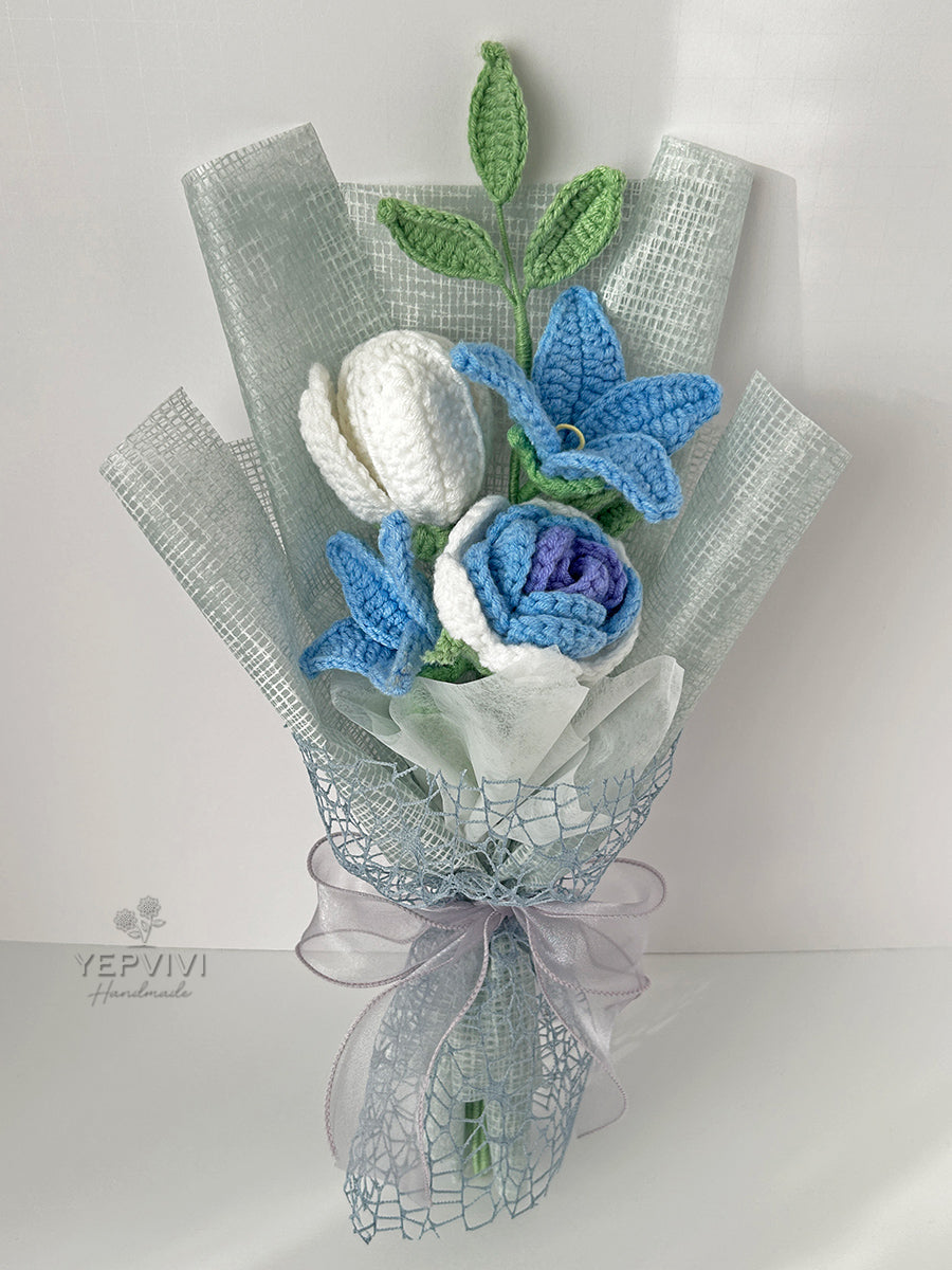 Forever blue rose bouquet. Finished crochet small flowers bouquet. Unique handmade gift.