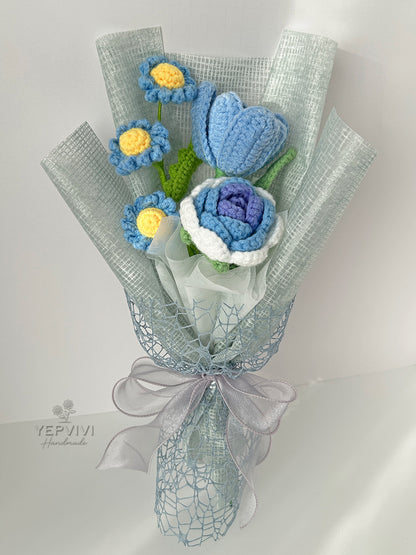 Finished crochet  blue rose bouquet. Unique handmade gift for women.