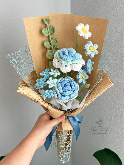 Finished crochet Blue flower bouquet. Beautifully wrapped gift. Unique handmade gift.