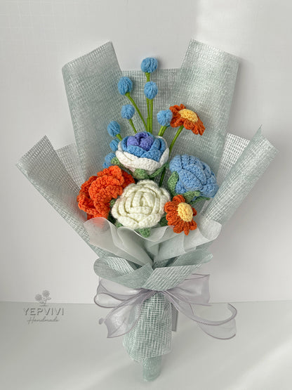 Finished crochet  blue rose bouquet. Unique handmade gift for women.