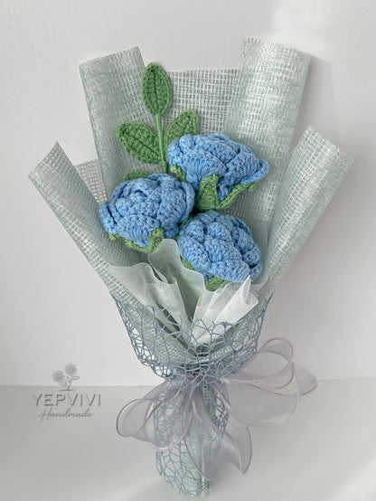 Forever blue rose bouquet. Finished crochet small flowers bouquet. Unique handmade gift.