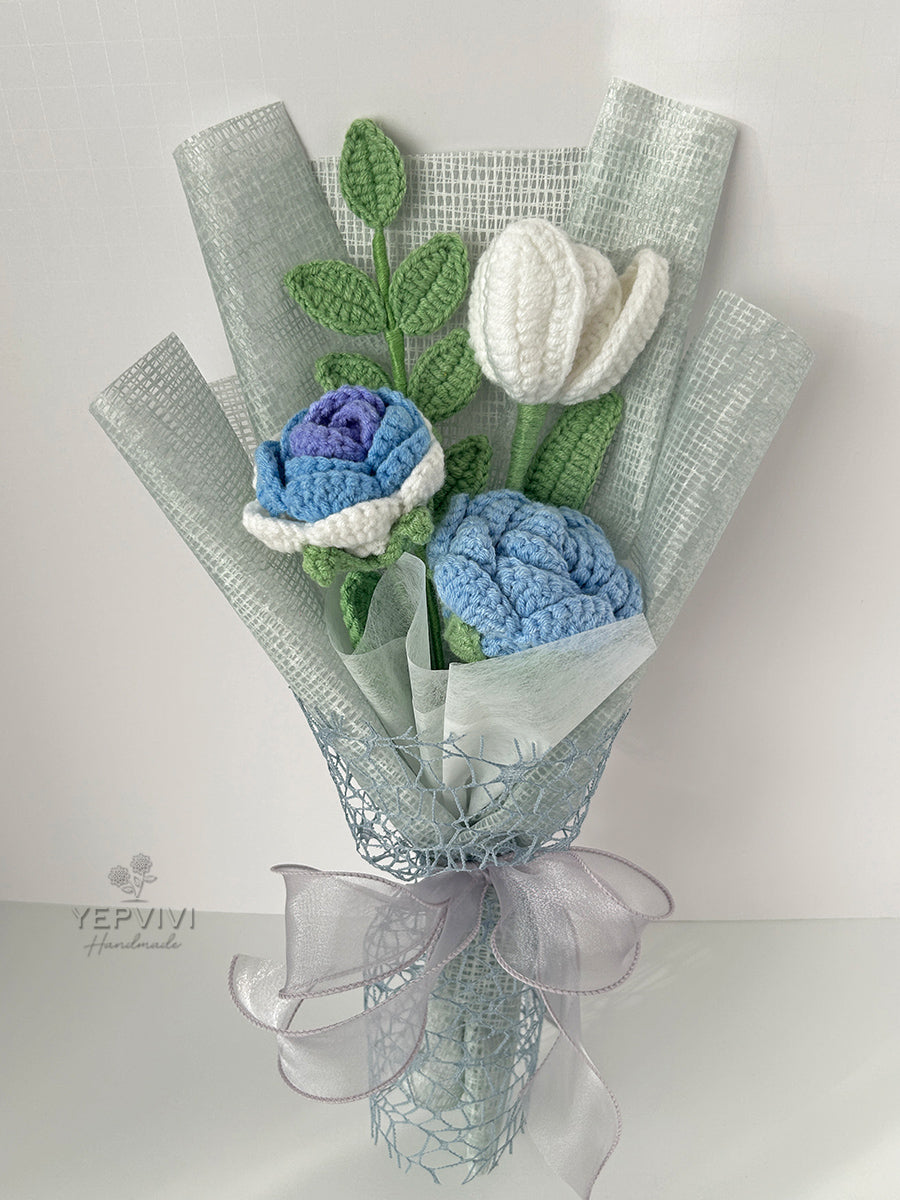 Forever blue rose bouquet. Finished crochet small flowers bouquet. Unique handmade gift.