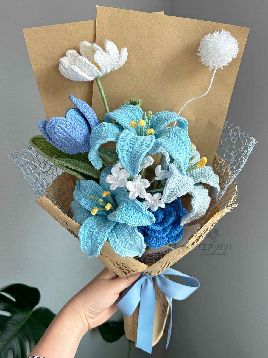 Finished crochet blue lily, rose and tulip bouquet. Unique handmade gift.