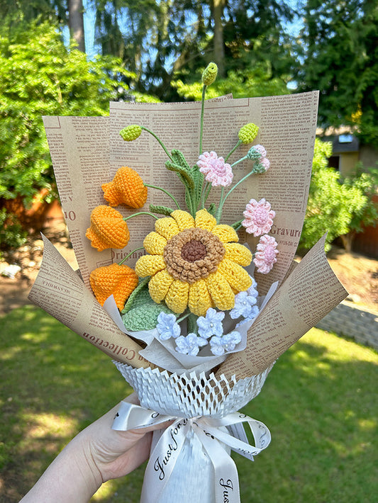 Finished Crochet Bouquet | Crochet sunflower, daisy and Lantern lily | Gift for mother, teacher, friends