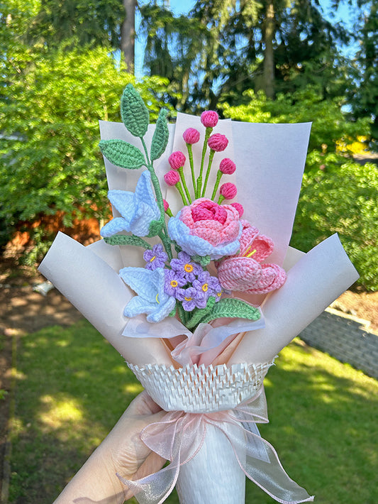 Finished Crochet Bouquet | tulip, rose, Forget-me-not and small fruit branch | Gift for mother, teacher, friends