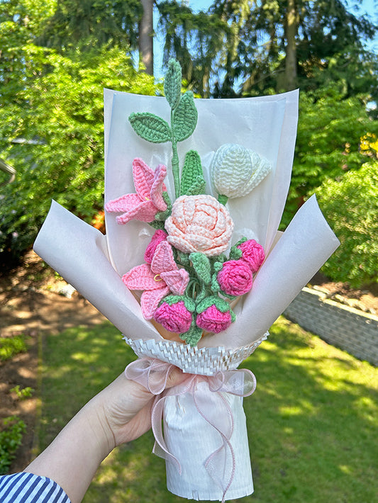 Finished Crochet Bouquet | tulip, rose, Forsythia suspensa | Gift for mother, teacher, friends