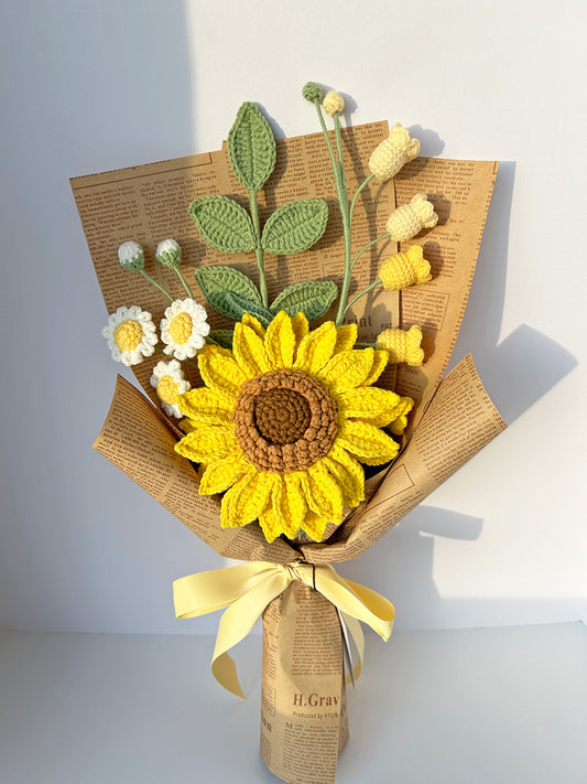 Finished Crochet sunflower Bouquet | sunflower, daisy, lily of the valley, leaf | Gift for mother, teacher, friends