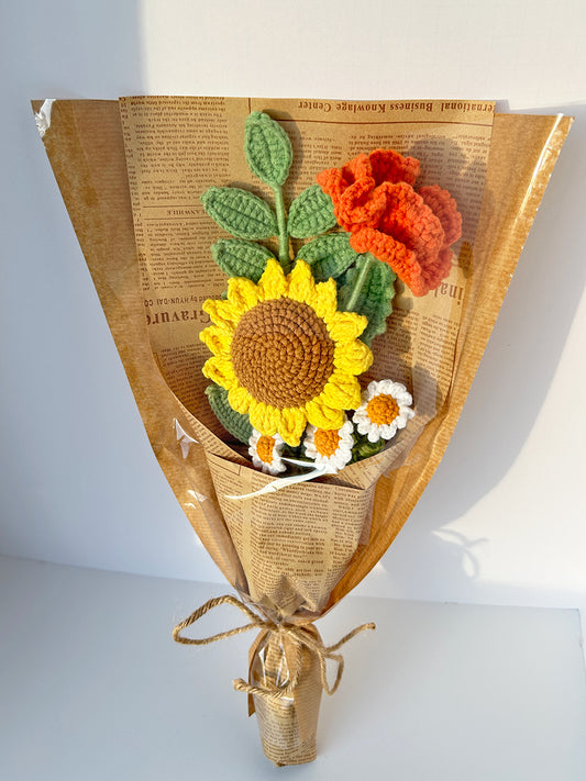 Finished Crochet sunflower Bouquet | sunflower, daisy, poppy, leaf | Gift for mother, teacher, friends