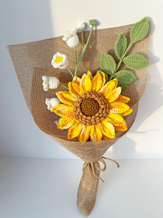 Finished Crochet sunflower Bouquet | sunflower, lily of the valley, leaf | Gift for mother, teacher, friends